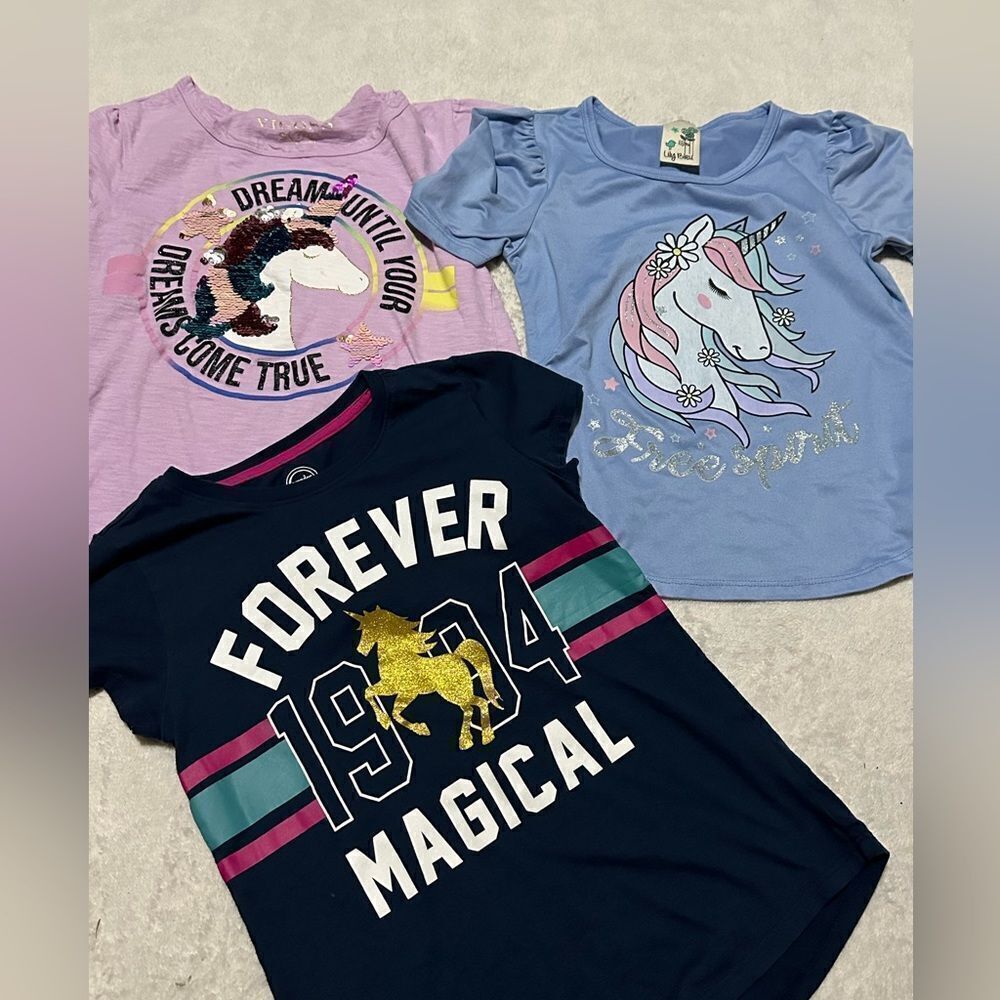 Unicorn Girls Shirts Lot of 3 Blue Lavender Navy Blue | Girls size Medium